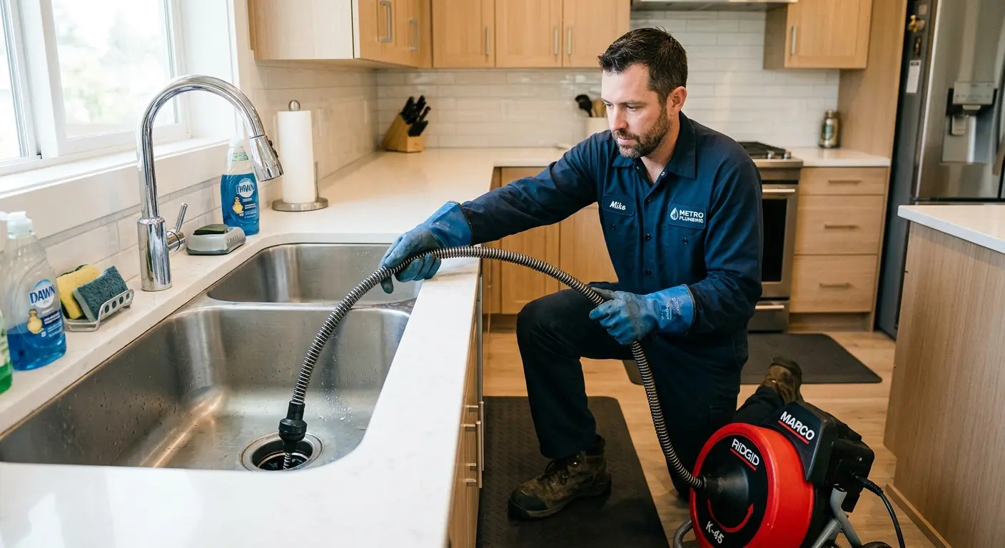 Drain cleaning technician using a motorized snake on a kitchen sink in New Scotland