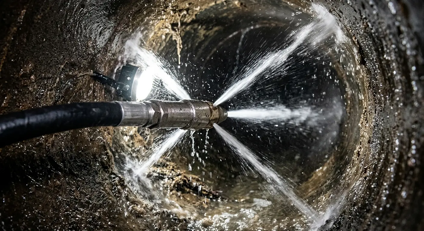 High-pressure hydro jetting nozzle cleaning sewer pipe for Trenchless Sewer Repair in New Scotland