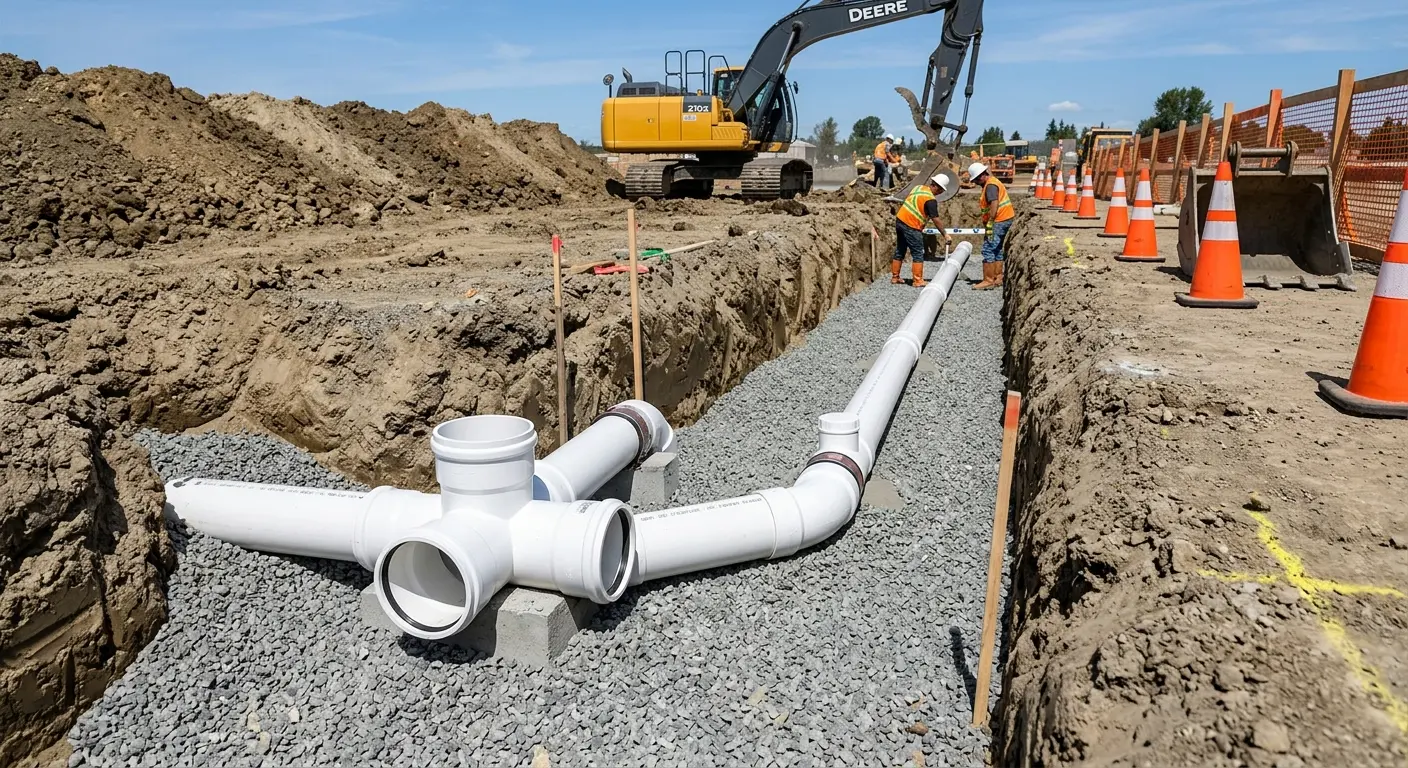New PVC sewer pipe installation in open trench for Grease Trap Cleaning in New Scotland